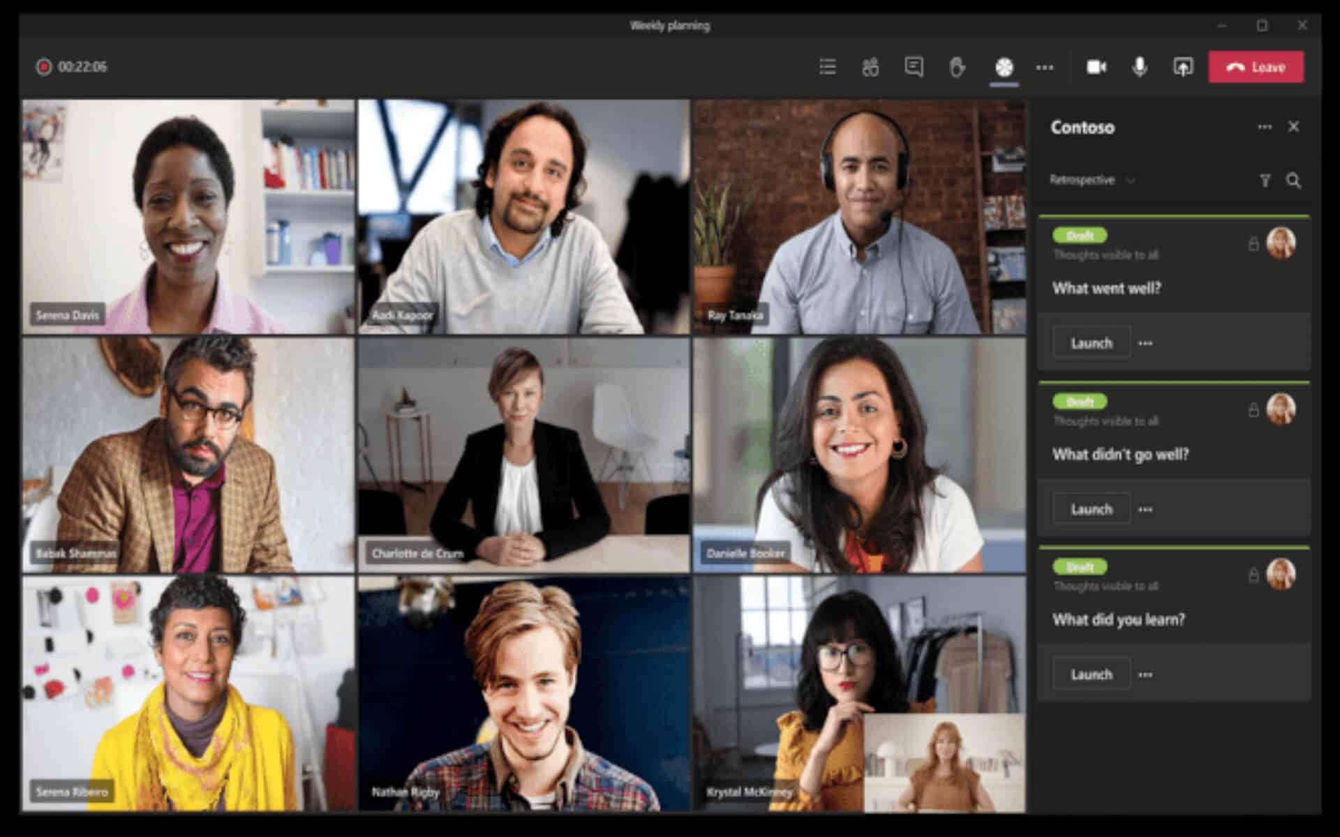 Screenshot of a typical Teams digital conference meeting with nine participants